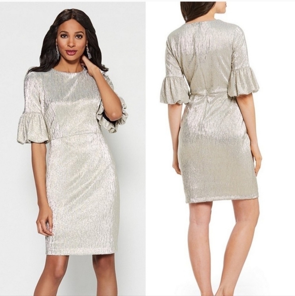 Donna Morgan Silver-Gold Metallic Ruffle Bell Sleeve Dress